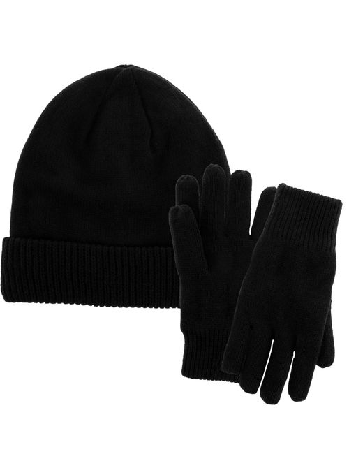 Men Winter Hat and Gloves Set Warm Fleece Beanie Knit Hat with Winter Gloves