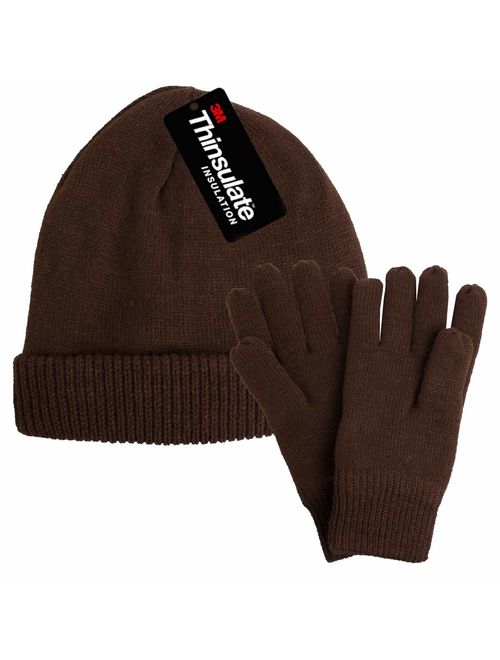 Men Winter Hat and Gloves Set Warm Fleece Beanie Knit Hat with Winter Gloves