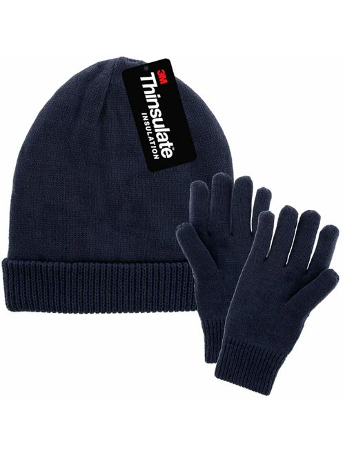 Men Winter Hat and Gloves Set Warm Fleece Beanie Knit Hat with Winter Gloves