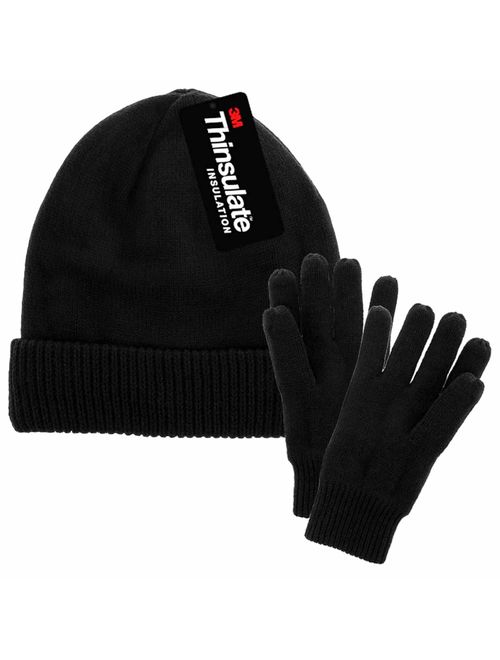 Men Winter Hat and Gloves Set Warm Fleece Beanie Knit Hat with Winter Gloves