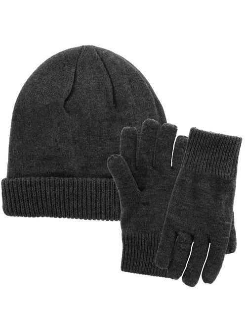 Men Winter Hat and Gloves Set Warm Fleece Beanie Knit Hat with Winter Gloves