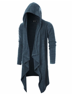 GIVON Mens Long Sleeve Draped Lightweight Open Front Longline Hooded Cardigan