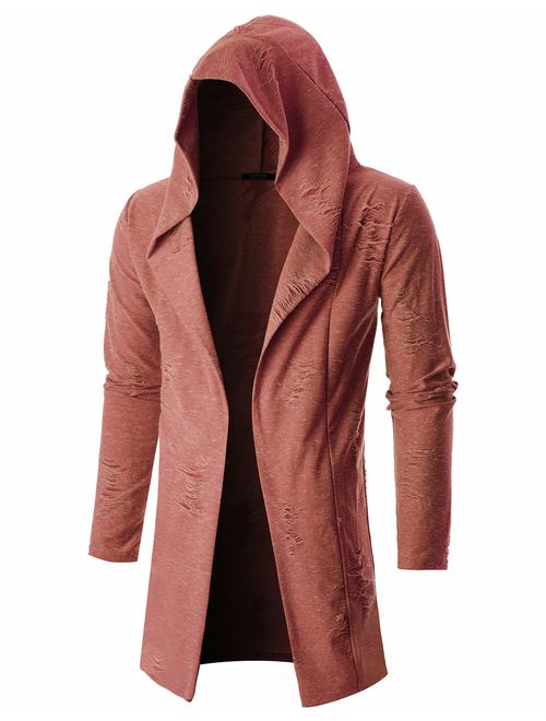 GIVON Mens Long Sleeve Draped Lightweight Open Front Longline Hooded Cardigan