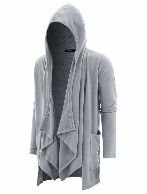 GIVON Mens Long Sleeve Draped Lightweight Open Front Longline Hooded Cardigan