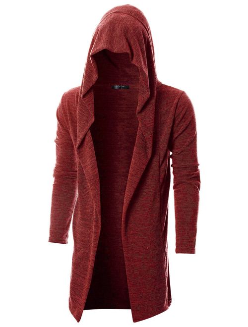 GIVON Mens Long Sleeve Draped Lightweight Open Front Longline Hooded Cardigan