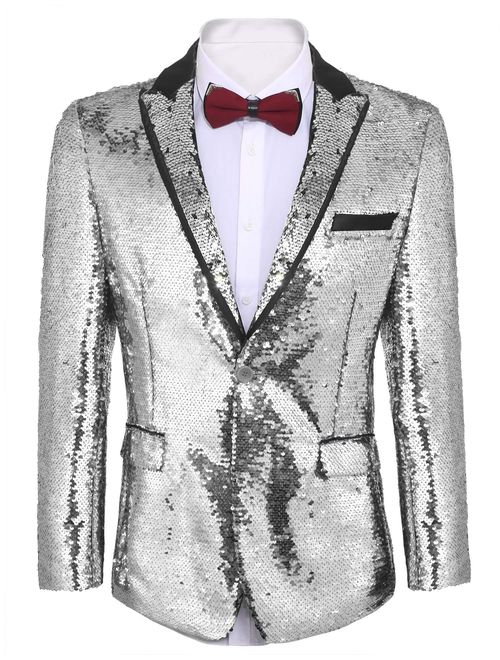 JINIDU Shiny Sequins Suit Jacket Blazer One Button Tuxedo for Party, Wedding, Banquet, Prom, Nightclub