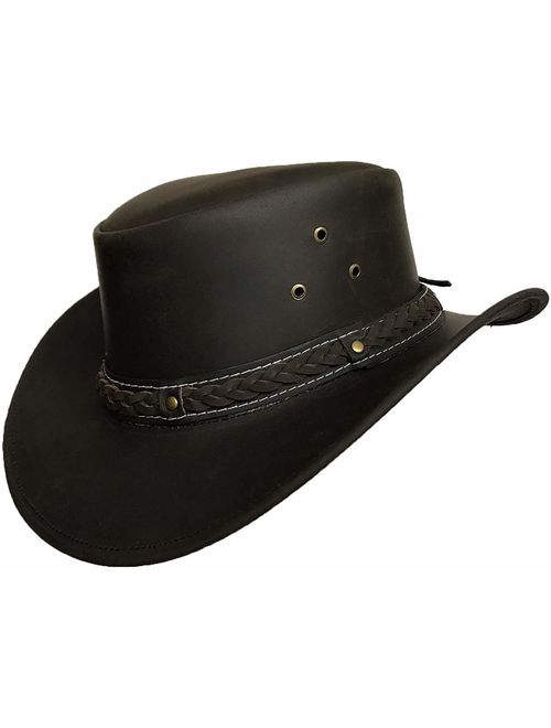 BRANDSLOCK Mens Leather Cowboy Hat Down Under Outback Wide Brim Black/Brown