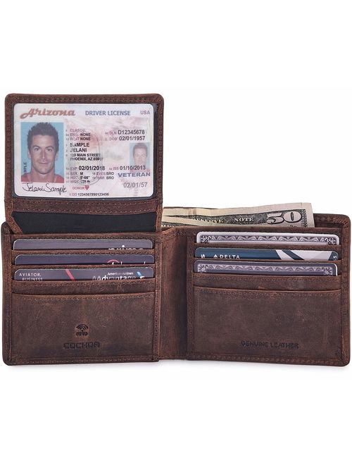 COCHOA Men's Real Leather Travel RFID Blocking Bifold Stylish Wallet With 2 ID Window, GIFT BOX