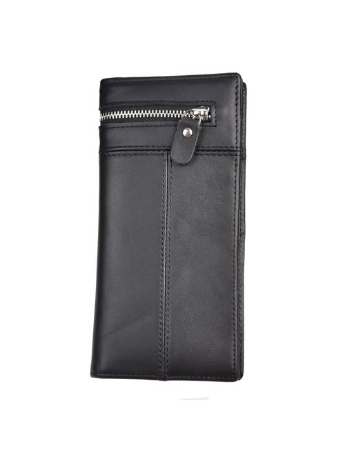 Le'aokuu Mens Leather Zipper Pocket Id Business Card Case Holder Organizer Wallet Phone Case Designer Bifold Checkbook Purse