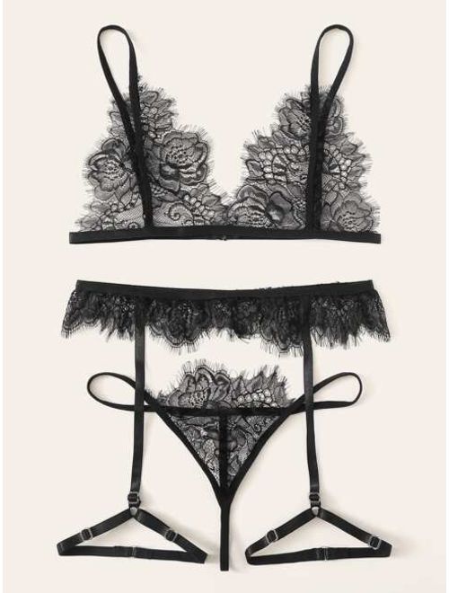 Buy Eyelash Floral Lace Garter Lingerie Set Online Topofstyle 2475