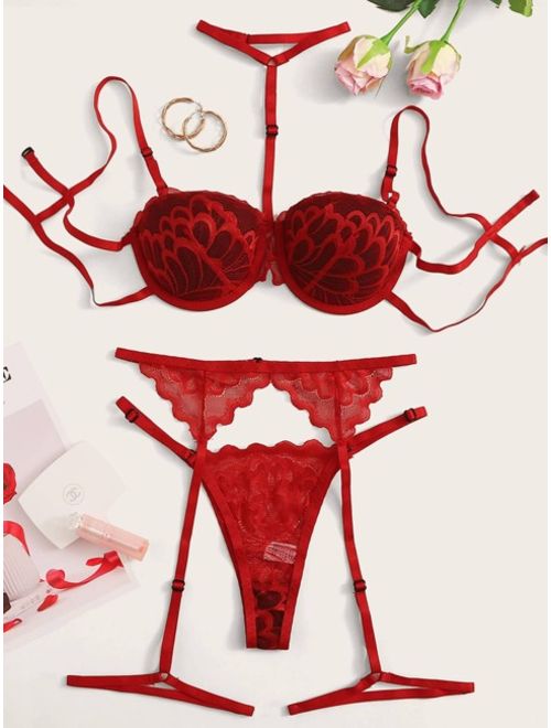 Buy Floral Lace Underwire Garter Lingerie Set With Choker Online Topofstyle 3196