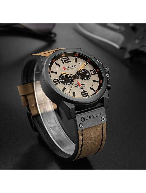 Military Watches for Men Men's Leather Strap Analog Quartz Wristwatch Fashion Sport Watch for Men Chronograph Date CAOWTAN