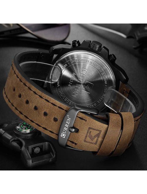 Military Watches for Men Men's Leather Strap Analog Quartz Wristwatch Fashion Sport Watch for Men Chronograph Date CAOWTAN