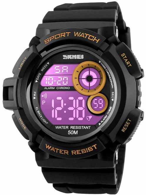 Mens Military Multifunction Digital Watches 50M Water Resistant Electronic 7 Color LED Backlight Black Sports Watch