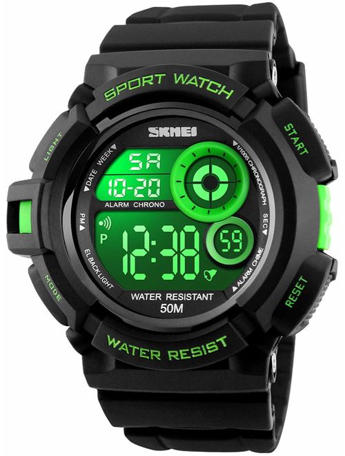 Mens Military Multifunction Digital Watches 50M Water Resistant Electronic 7 Color LED Backlight Black Sports Watch