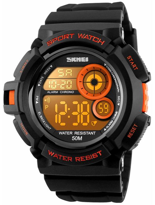 Mens Military Multifunction Digital Watches 50M Water Resistant Electronic 7 Color LED Backlight Black Sports Watch