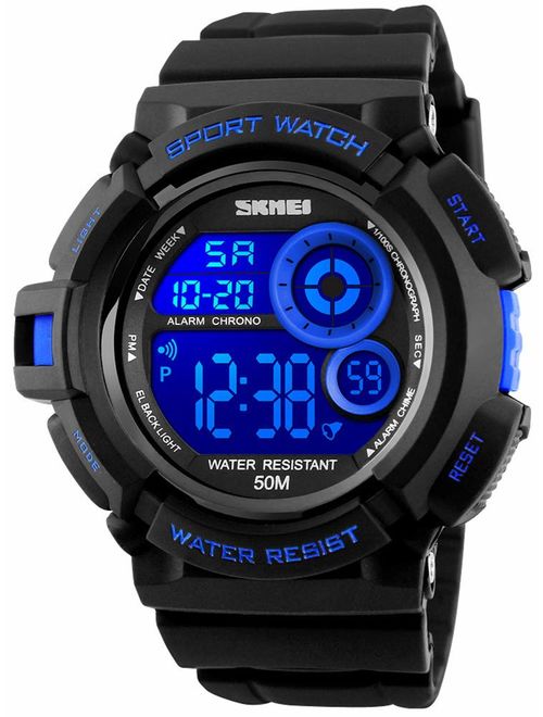 Mens Military Multifunction Digital Watches 50M Water Resistant Electronic 7 Color LED Backlight Black Sports Watch