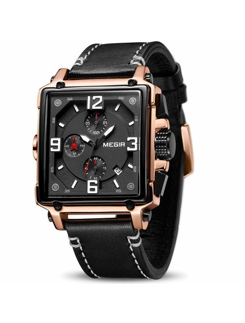 MEGIR Men's Analogue Army Military Chronograph Luminous Quartz Watch with Fashion Leather Strap for Sport & Business Work ML2061G