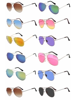 12 Pairs Classic Aviator Sunglasses Metal Gold Silver Black Colored Mirror Lens OWL