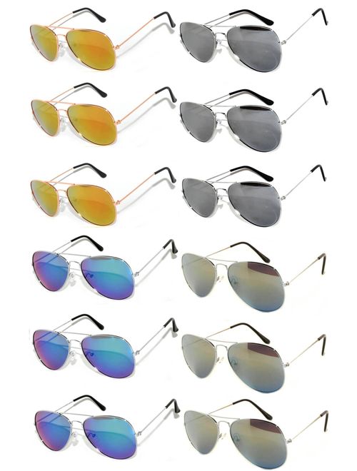 12 Pairs Classic Aviator Sunglasses Metal Gold Silver Black Colored Mirror Lens OWL