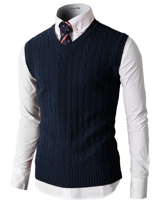 H2H Mens Slim Fit Sweater Vest V Neck Sleeveless Sweater Pullover Sweaters Cable Knitted with Ribbing Edge