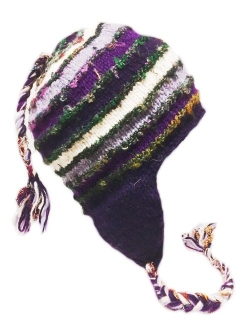 Nepal Hand Knit Sherpa Hat with Ear Flaps, Trapper Ski Heavy Wool Fleeced Lined Cap