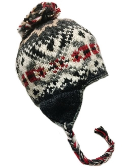 Nepal Hand Knit Sherpa Hat with Ear Flaps, Trapper Ski Heavy Wool Fleeced Lined Cap