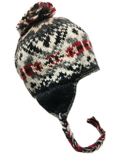 Nepal Hand Knit Sherpa Hat with Ear Flaps, Trapper Ski Heavy Wool Fleeced Lined Cap