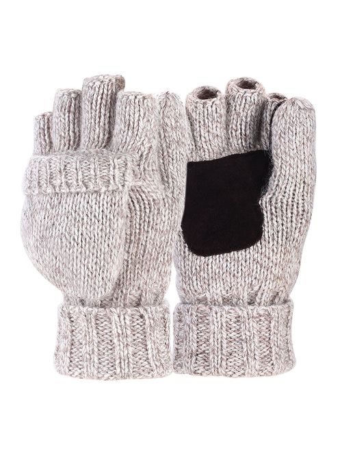 Sudawave Men's Knitted Wool Gloves with Leather Patch on Palm Micro Fleece Lined Warm Winter Gloves