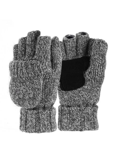 Sudawave Men's Knitted Wool Gloves with Leather Patch on Palm Micro Fleece Lined Warm Winter Gloves