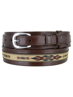 Mens Genuine Leather Ranger Belt with Southwestern Woven Diamond Pattern Accent