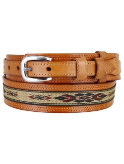 Mens Genuine Leather Ranger Belt with Southwestern Woven Diamond Pattern Accent