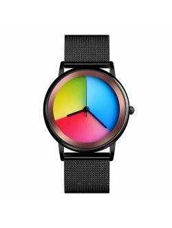 Womens Colorful Waterproof Wrist Watch - CakCity Unisex Stainless Steel Quartz Analog Watch Simple Fashion Rainbow Gradient Round Dial Gift Watches for Women