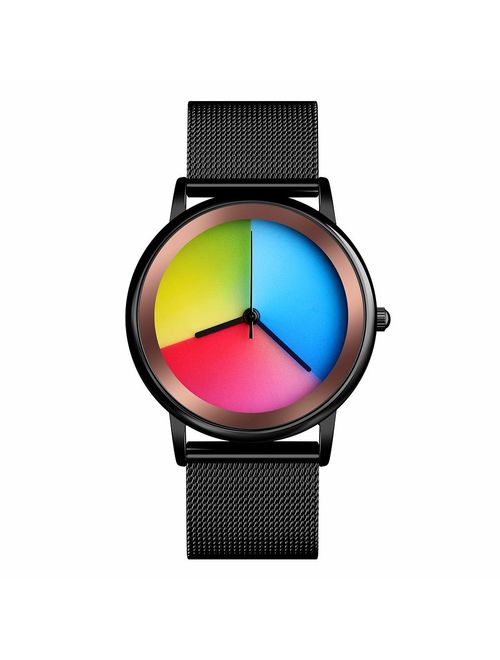 Womens Colorful Waterproof Wrist Watch - CakCity Unisex Stainless Steel Quartz Analog Watch Simple Fashion Rainbow Gradient Round Dial Gift Watches for Women