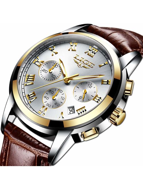 Mens Watches Waterproof Business Dress Analog Quartz Watch Men Luxury Brand LIGE Date Sport Brown Leather Clock