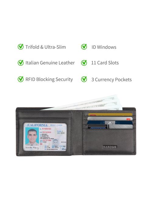 Buy ISABOMB RFID Blocking Genuine Leather Trifold Bifold Wallet for Men ...