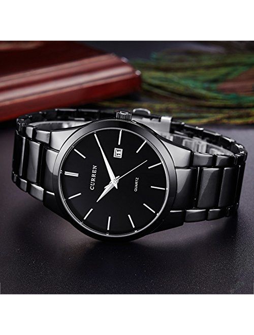 CURREN Men's Watches Classic Black/Silver Steel Band Quartz Analog Wrist Watch with Date for Man