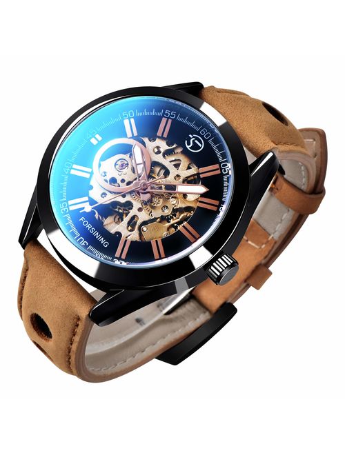 GLEIM Mens Skeleton Automatic Mechanical Wrist Watch Analog Casual Brown Leather Clock