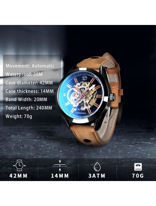 GLEIM Mens Skeleton Automatic Mechanical Wrist Watch Analog Casual Brown Leather Clock