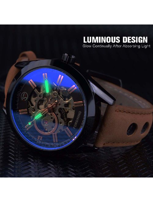 GLEIM Mens Skeleton Automatic Mechanical Wrist Watch Analog Casual Brown Leather Clock