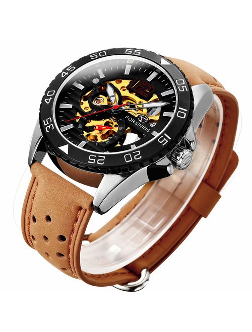 GLEIM Mens Skeleton Automatic Mechanical Wrist Watch Analog Casual Brown Leather Clock