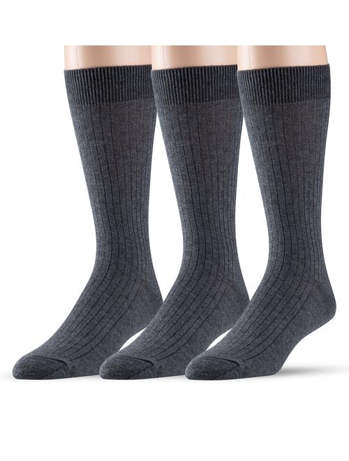 EMEM Men's Ribbed Cotton Classic Crew Dress Socks 3-Pack, Big and Tall Available