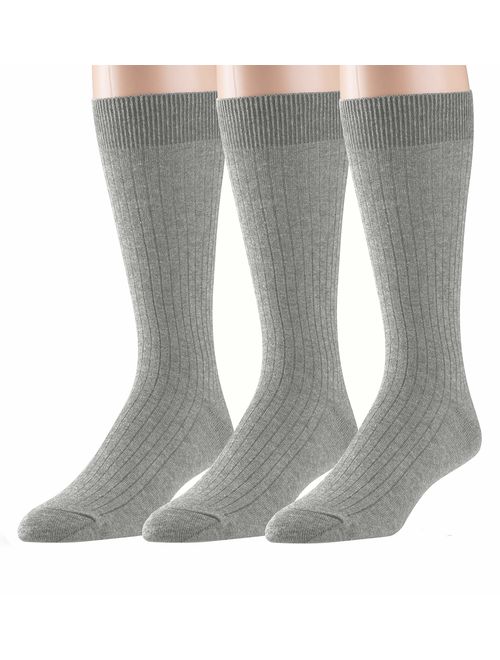 EMEM Men's Ribbed Cotton Classic Crew Dress Socks 3-Pack, Big and Tall Available