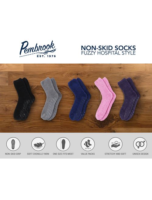 Pembrook Non Skid/Slip Socks - Fuzzy Slipper Hospital Socks (4 - Pairs) - Great for adults, men, women.