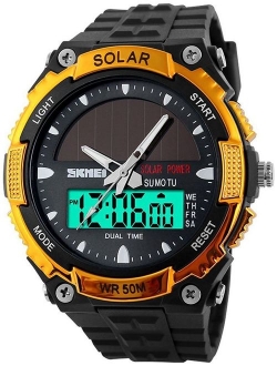 Fanmis Men's Solar Powered Casual Quartz Wrist Watch Analog Digital Multifunctional Black Sports Watch