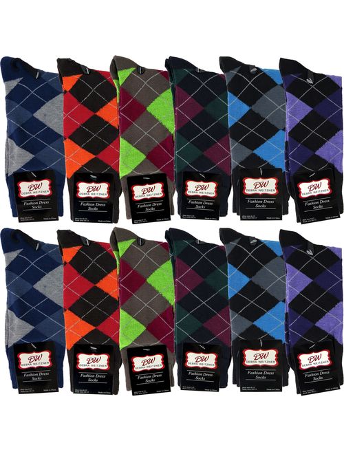 Debra Weitzner Mens Dress Socks With Bright Argyle Patterns - Cotton - Assorted Colors - Crew Length - Pack of 12 Pairs