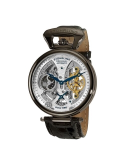 Original Mens Skeleton Watch Dial Automatic Watch with Calfskin Leather Band and - Dual Time, AM/PM Sun Moon