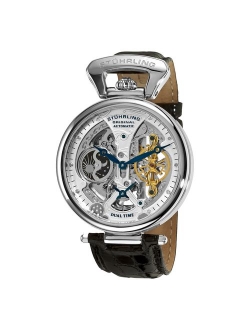 Original Mens Skeleton Watch Dial Automatic Watch with Calfskin Leather Band and - Dual Time, AM/PM Sun Moon