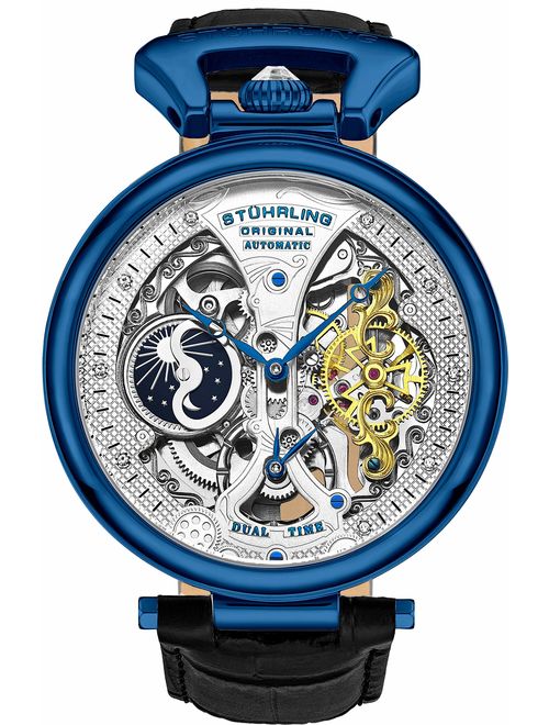 Stuhrling Original Mens Skeleton Watch Dial Automatic Watch with Calfskin Leather Band and - Dual Time, AM/PM Sun Moon