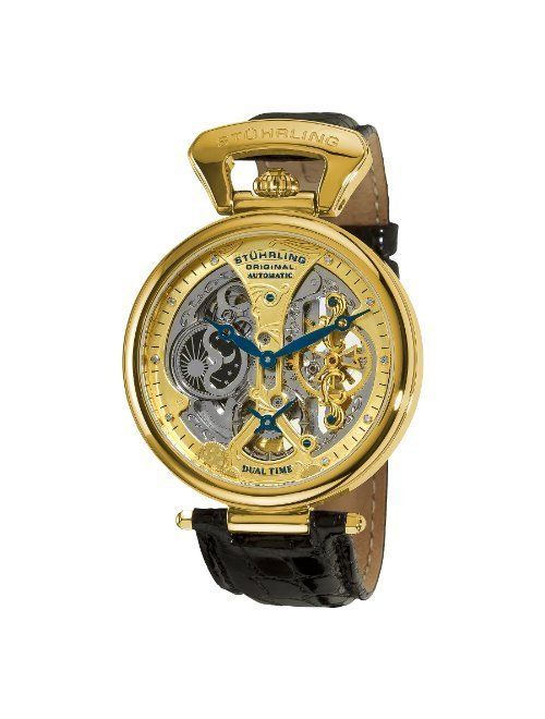 Stuhrling Original Mens Skeleton Watch Dial Automatic Watch with Calfskin Leather Band and - Dual Time, AM/PM Sun Moon